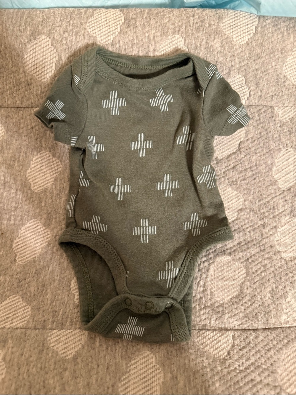 Cloud Island Olive Green Baby Onesie with Light Blue Cross Print - Newborn